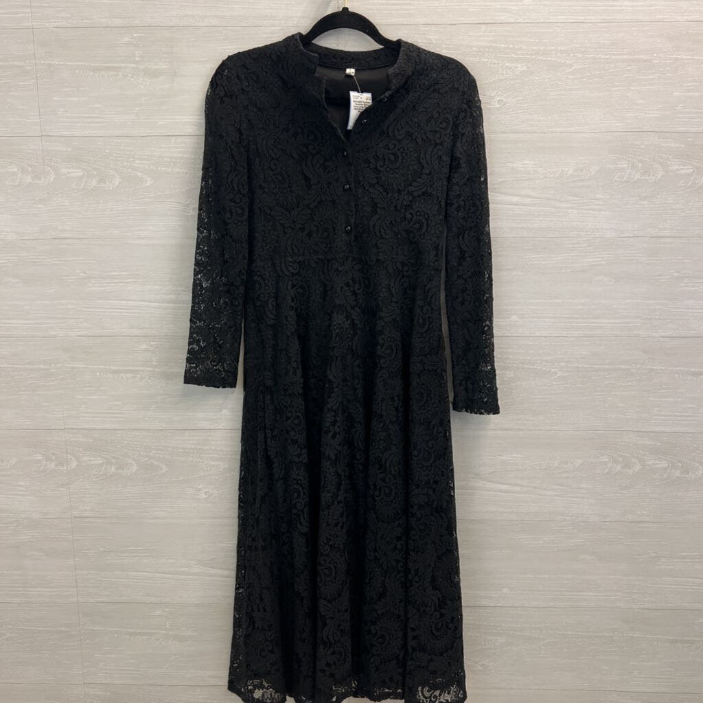 Haokeke Black Lace Long Sleeve Midi Dress Small