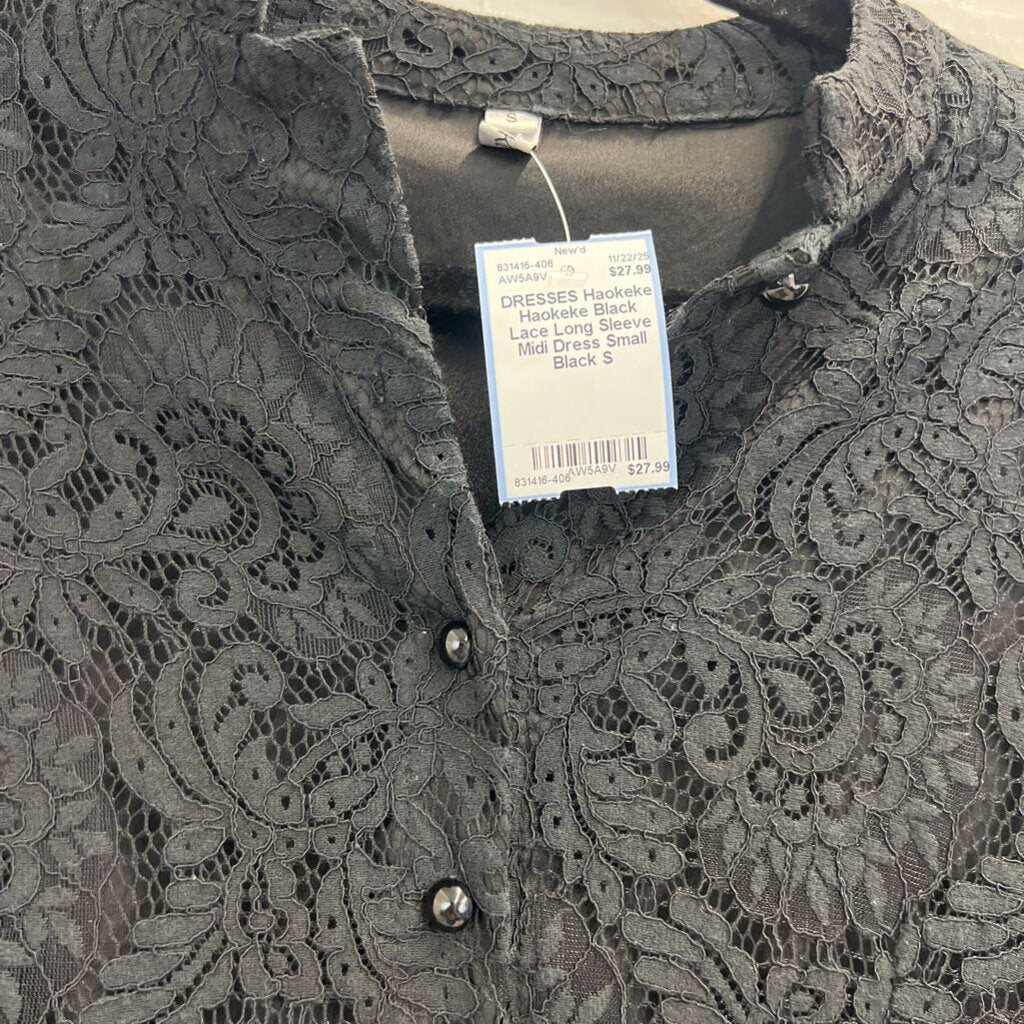 Haokeke Black Lace Long Sleeve Midi Dress Small