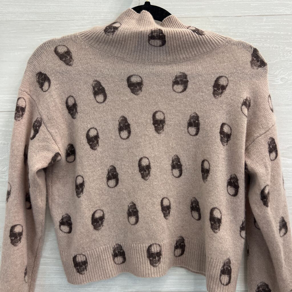 Skull Cashmere 100% Cashmere Mauve/ Black Skull Print Cropped Turtleneck Sweater Extra Small