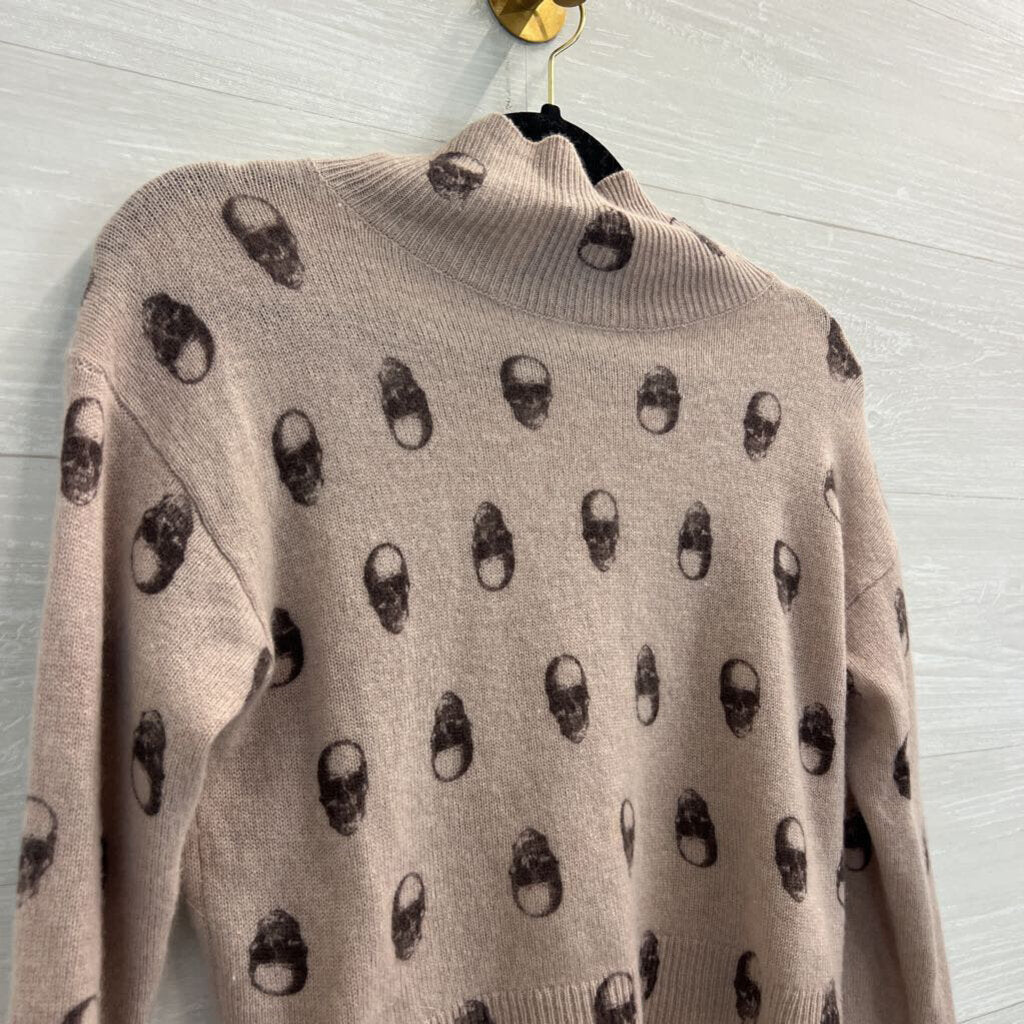 Skull Cashmere 100% Cashmere Mauve/ Black Skull Print Cropped Turtleneck Sweater Extra Small