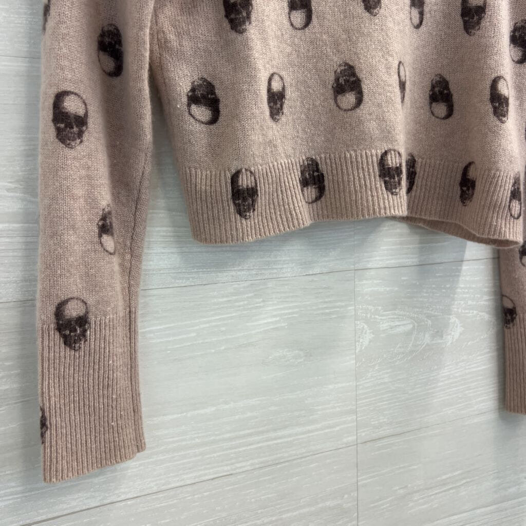 Skull Cashmere 100% Cashmere Mauve/ Black Skull Print Cropped Turtleneck Sweater Extra Small