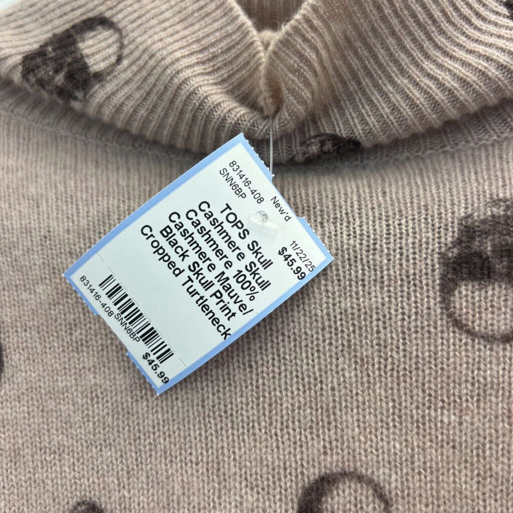 Skull Cashmere 100% Cashmere Mauve/ Black Skull Print Cropped Turtleneck Sweater Extra Small