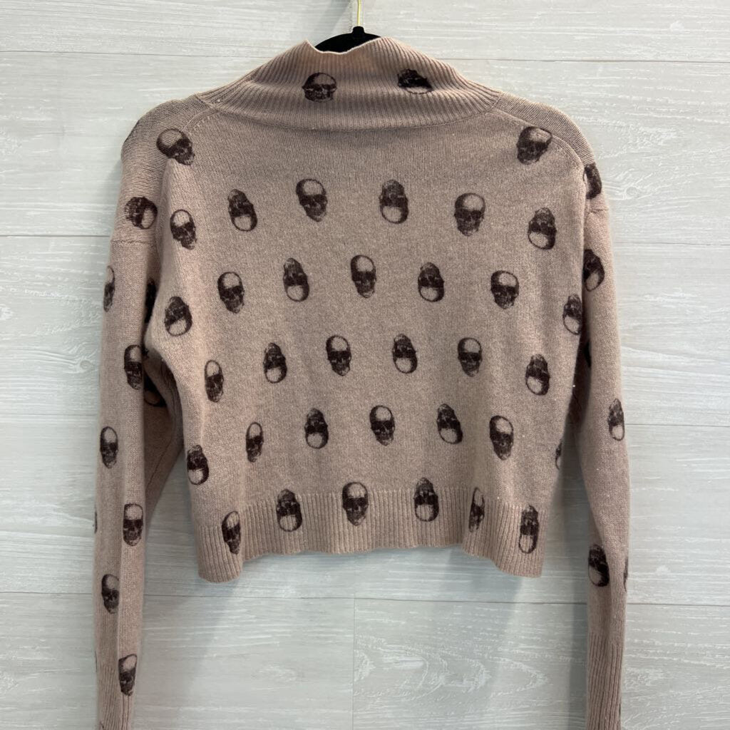 Skull Cashmere 100% Cashmere Mauve/ Black Skull Print Cropped Turtleneck Sweater Extra Small