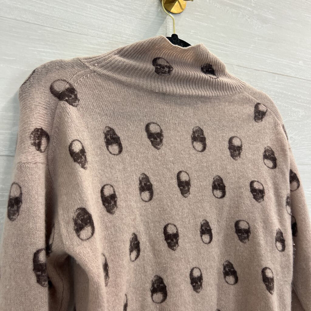Skull Cashmere 100% Cashmere Mauve/ Black Skull Print Cropped Turtleneck Sweater Extra Small