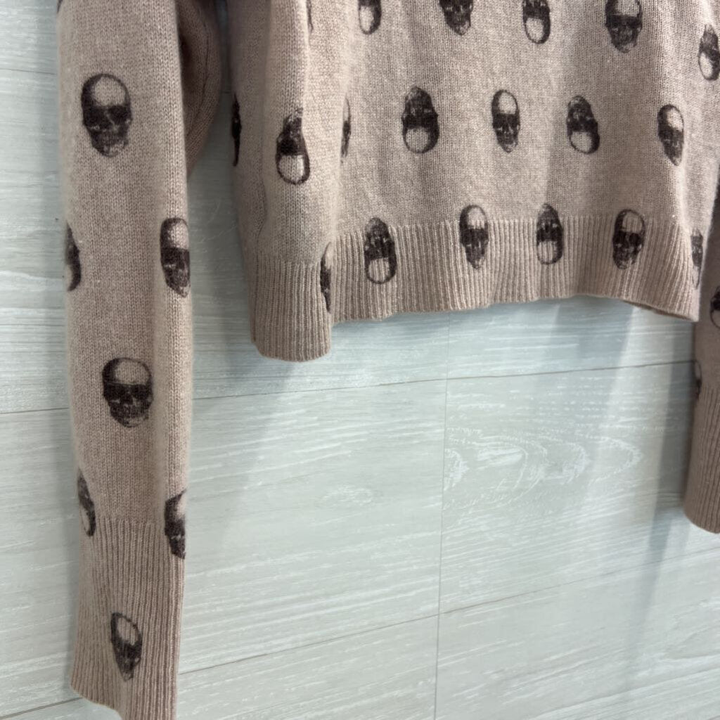 Skull Cashmere 100% Cashmere Mauve/ Black Skull Print Cropped Turtleneck Sweater Extra Small
