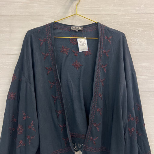 POL Black Suede/ Burgundy Embroidered Flower Open Front Top Medium
