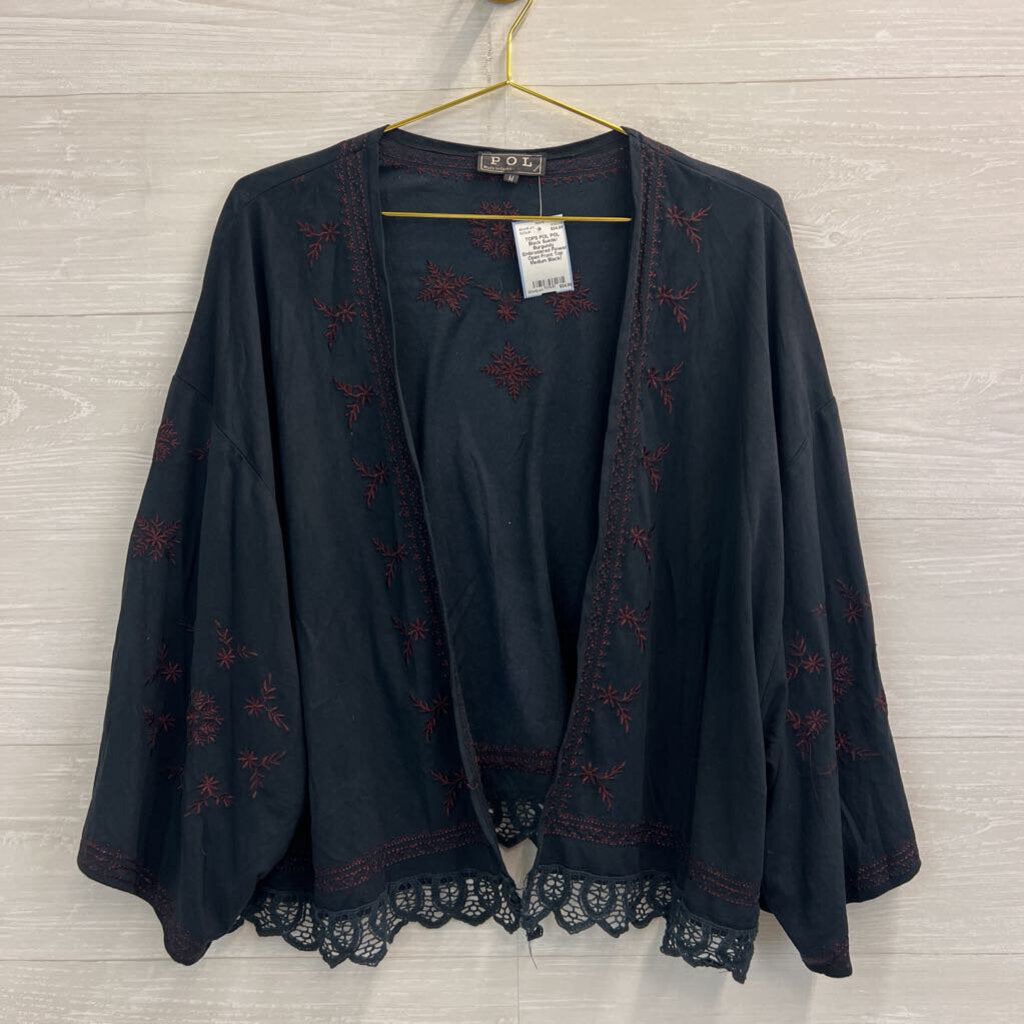 POL Black Suede/ Burgundy Embroidered Flower Open Front Top Medium