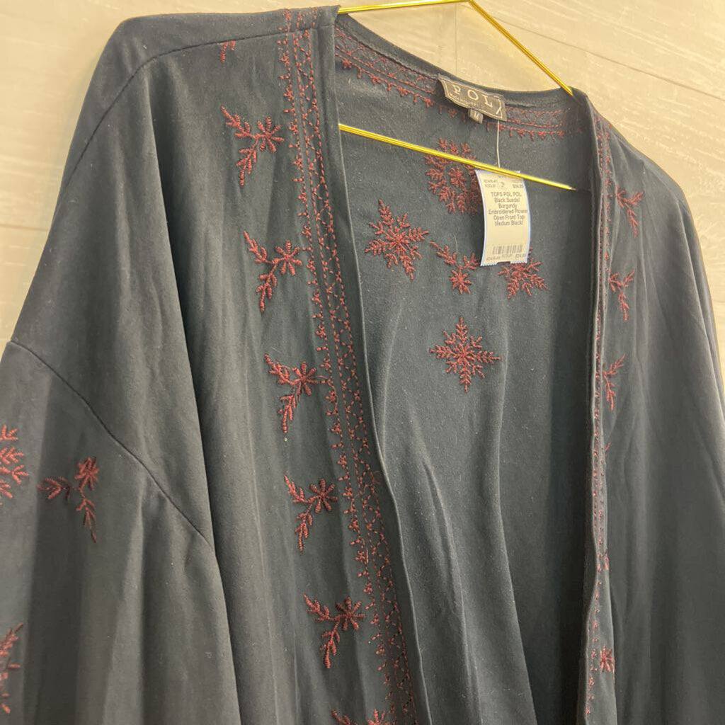 POL Black Suede/ Burgundy Embroidered Flower Open Front Top Medium