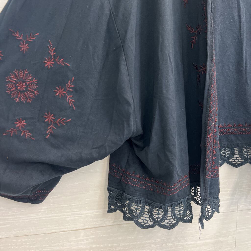 POL Black Suede/ Burgundy Embroidered Flower Open Front Top Medium
