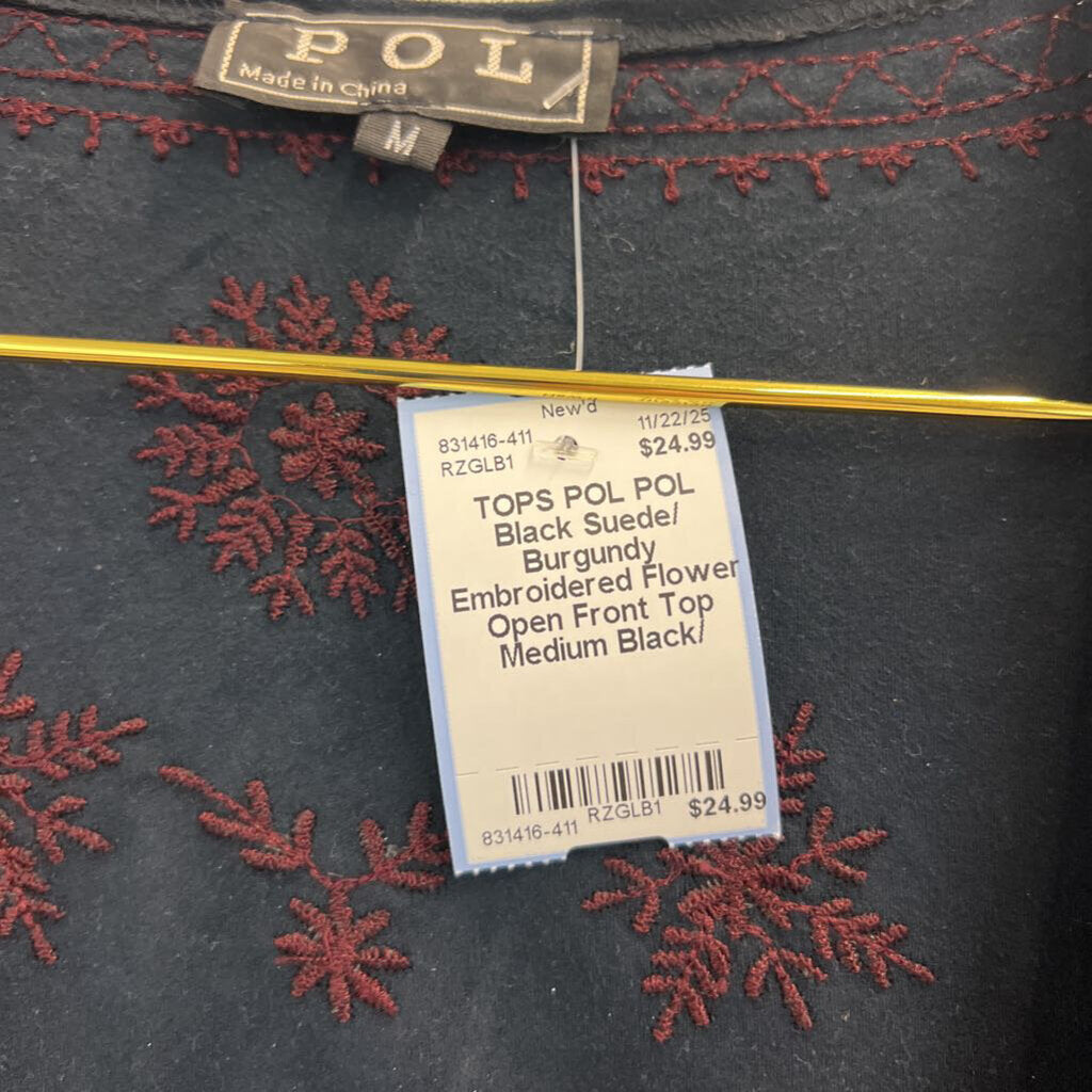 POL Black Suede/ Burgundy Embroidered Flower Open Front Top Medium