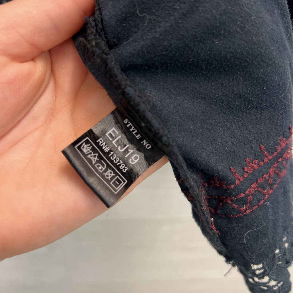 POL Black Suede/ Burgundy Embroidered Flower Open Front Top Medium