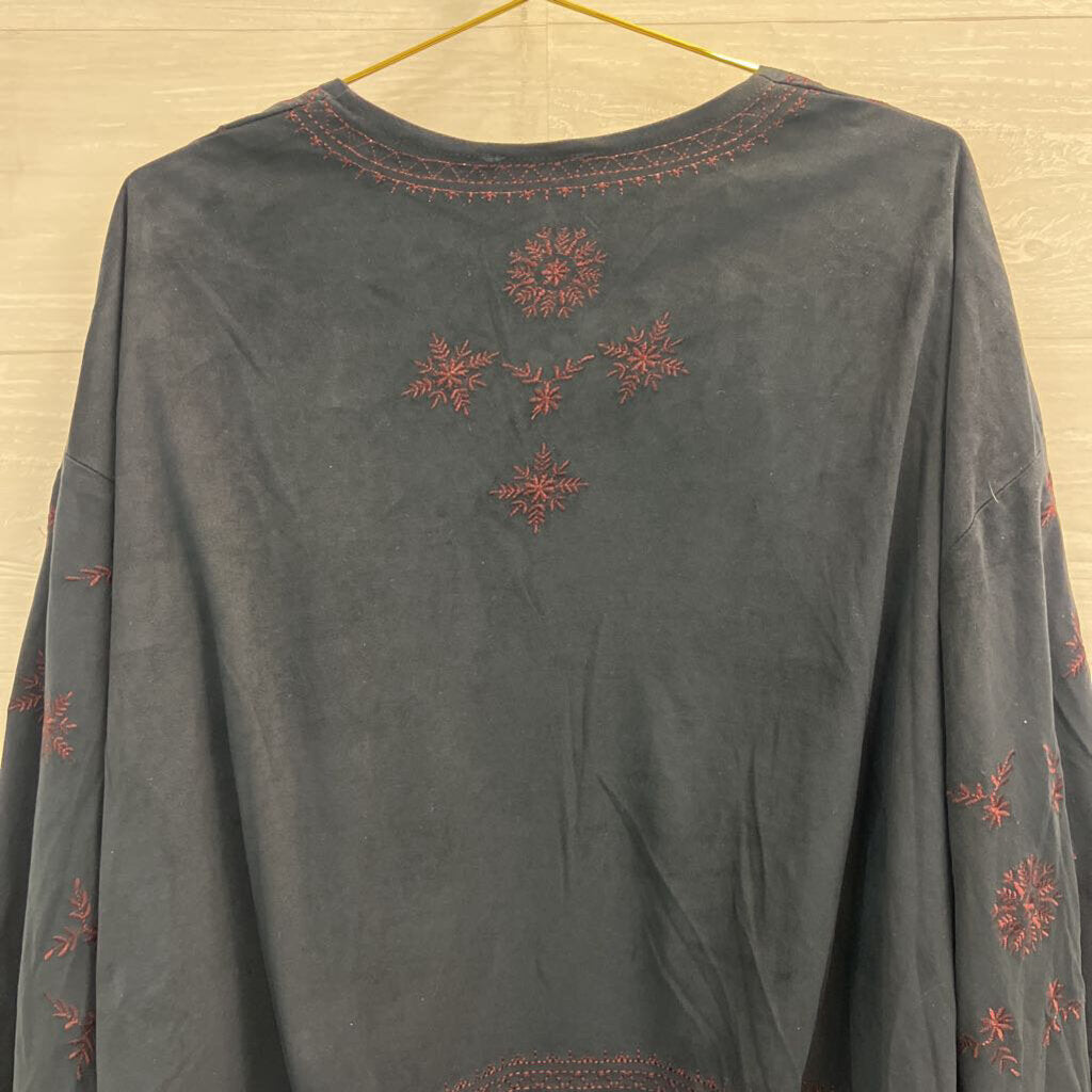 POL Black Suede/ Burgundy Embroidered Flower Open Front Top Medium