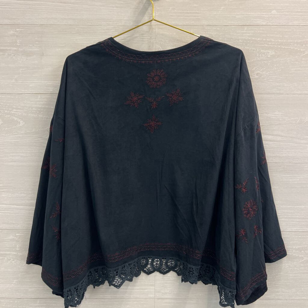 POL Black Suede/ Burgundy Embroidered Flower Open Front Top Medium