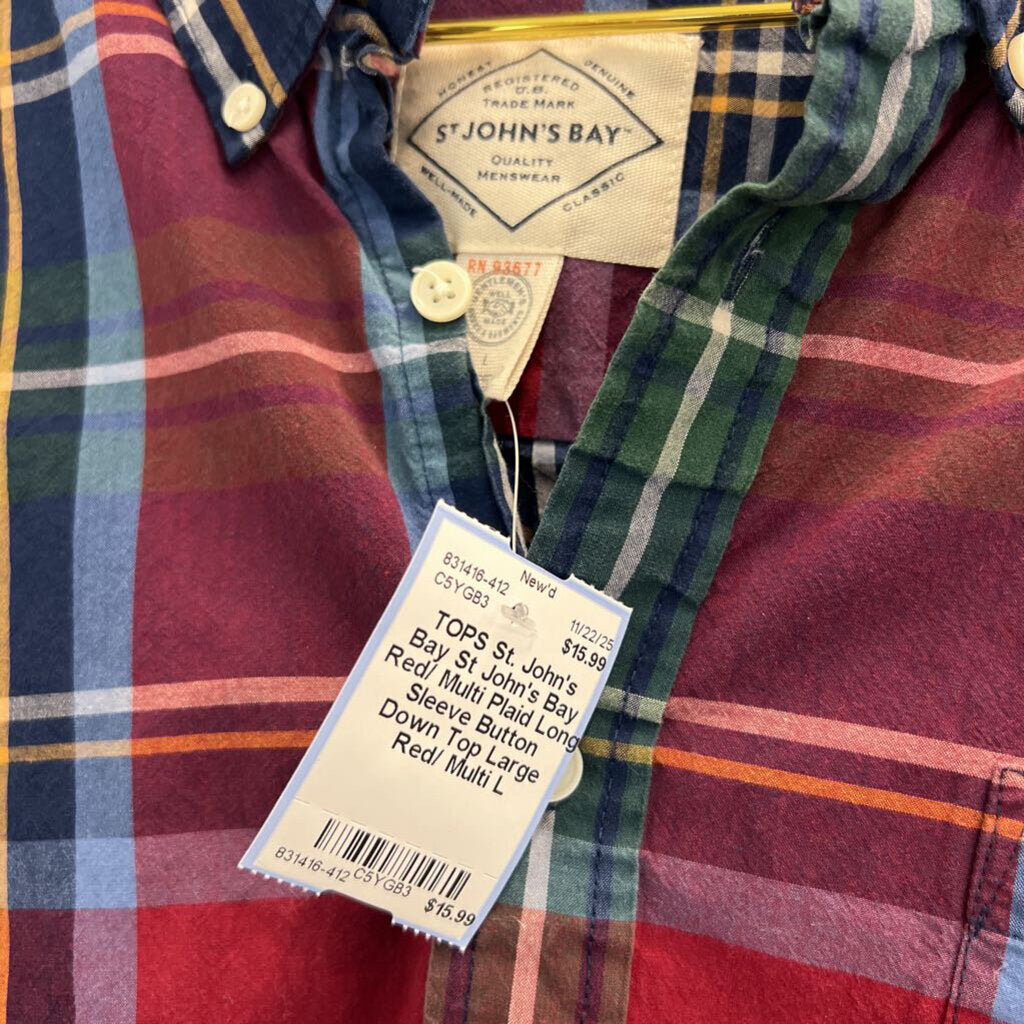 St John's Bay Red/ Multi Plaid Long Sleeve Button Down Top Large