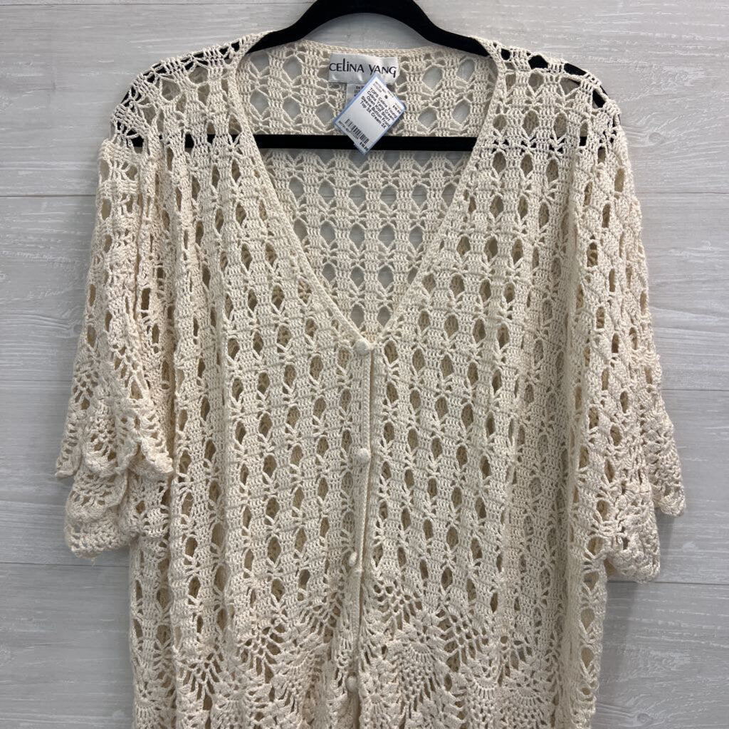 Celina Yang Cream Open Knit Short Sleeve Button Front Top 3X