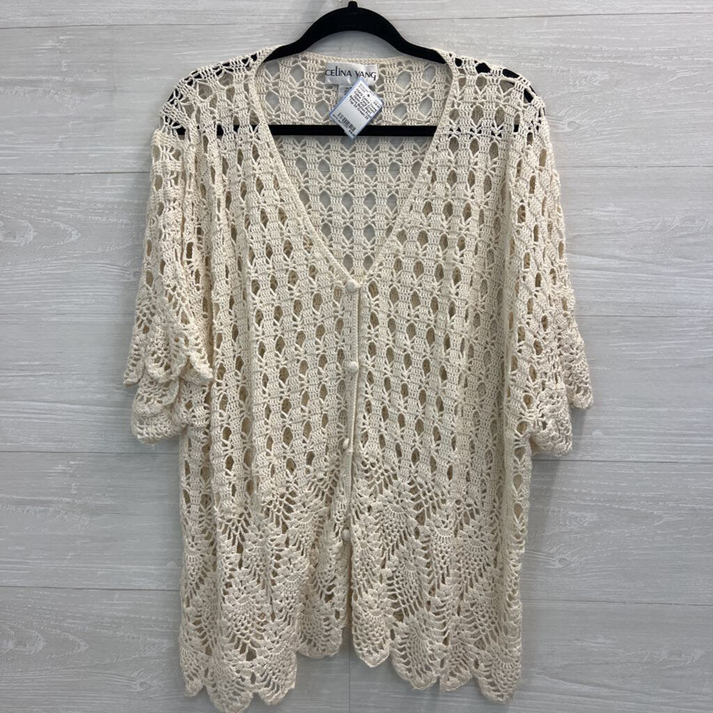 Celina Yang Cream Open Knit Short Sleeve Button Front Top 3X