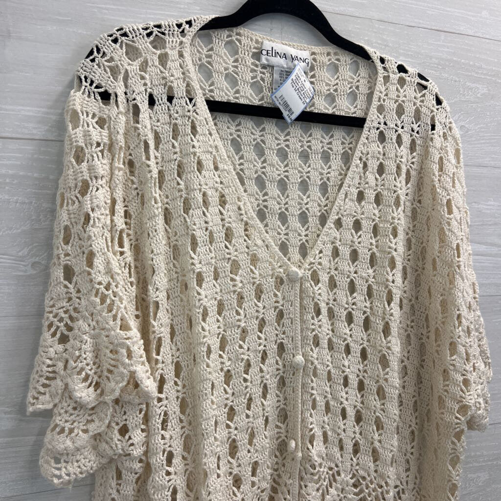 Celina Yang Cream Open Knit Short Sleeve Button Front Top 3X