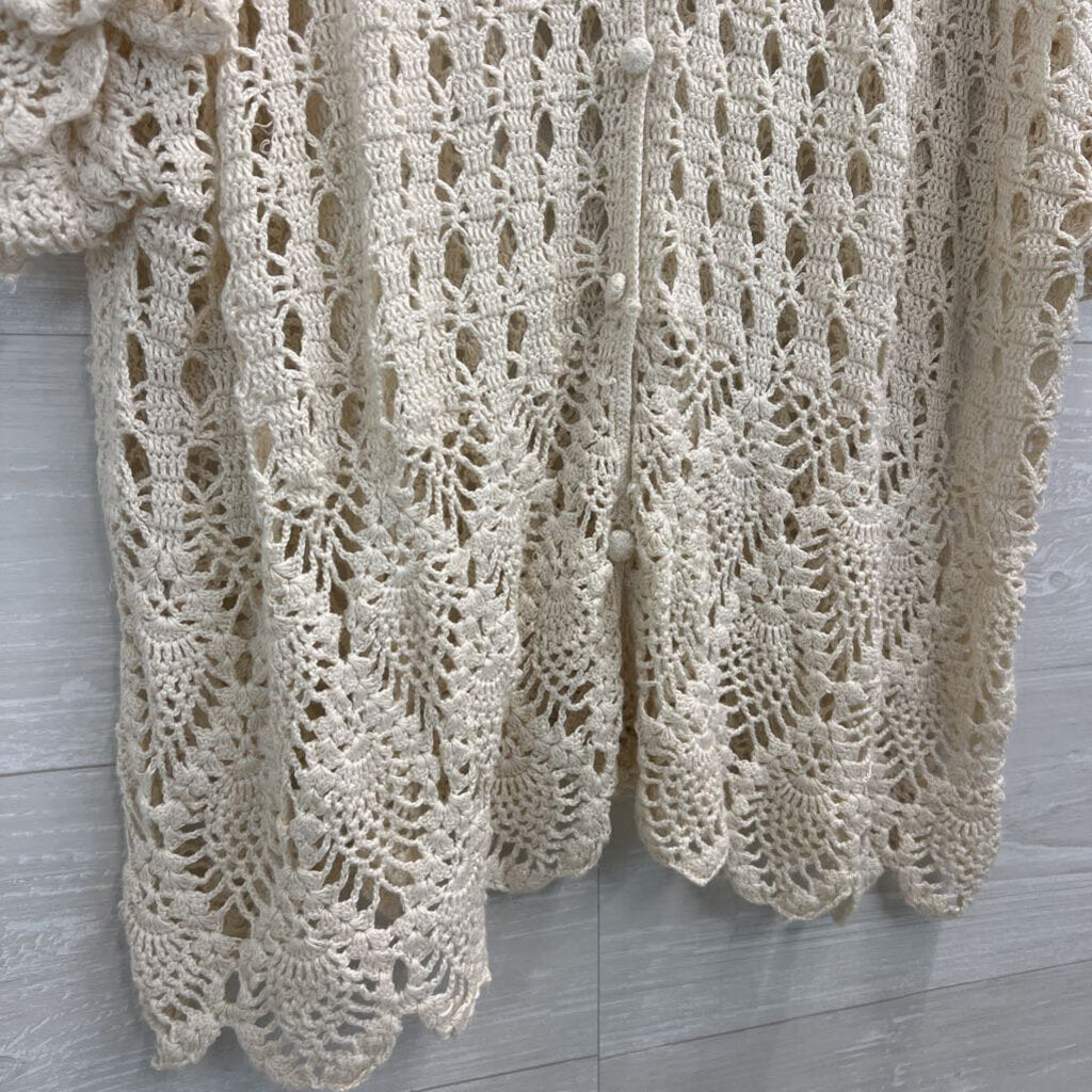 Celina Yang Cream Open Knit Short Sleeve Button Front Top 3X