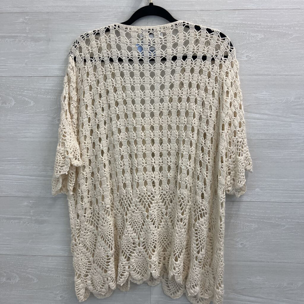 Celina Yang Cream Open Knit Short Sleeve Button Front Top 3X