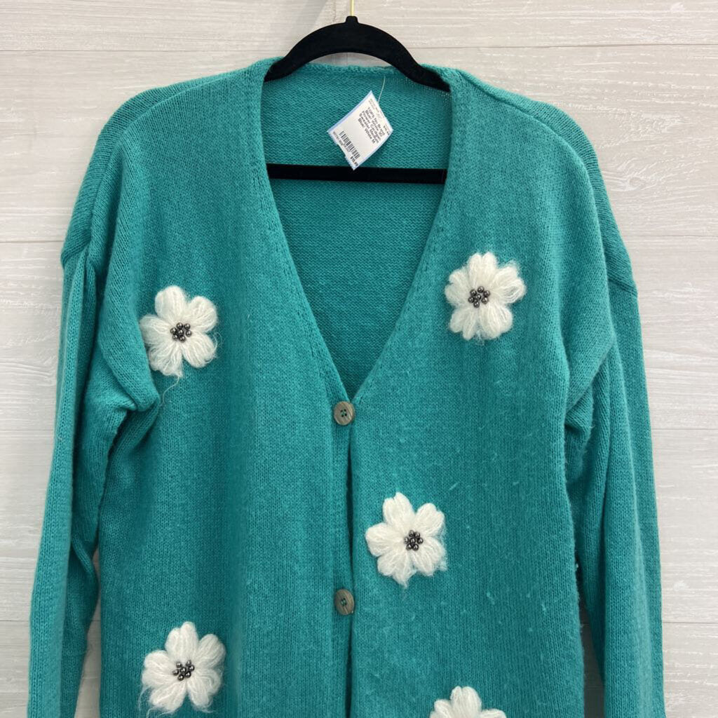 Blue/ White 3D Flower Cardigan Sweater Medium