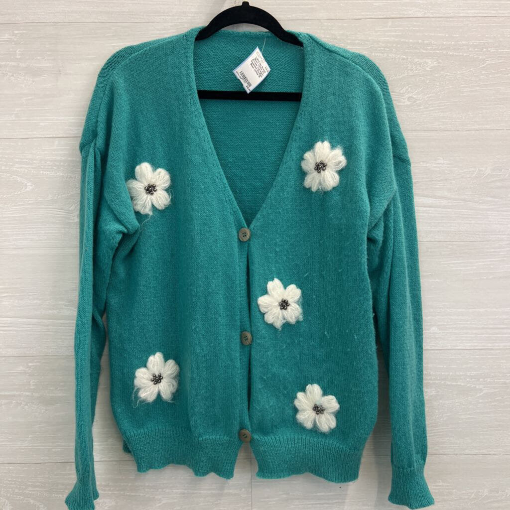 Blue/ White 3D Flower Cardigan Sweater Medium
