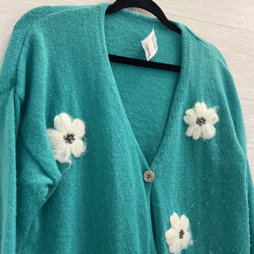 Blue/ White 3D Flower Cardigan Sweater Medium