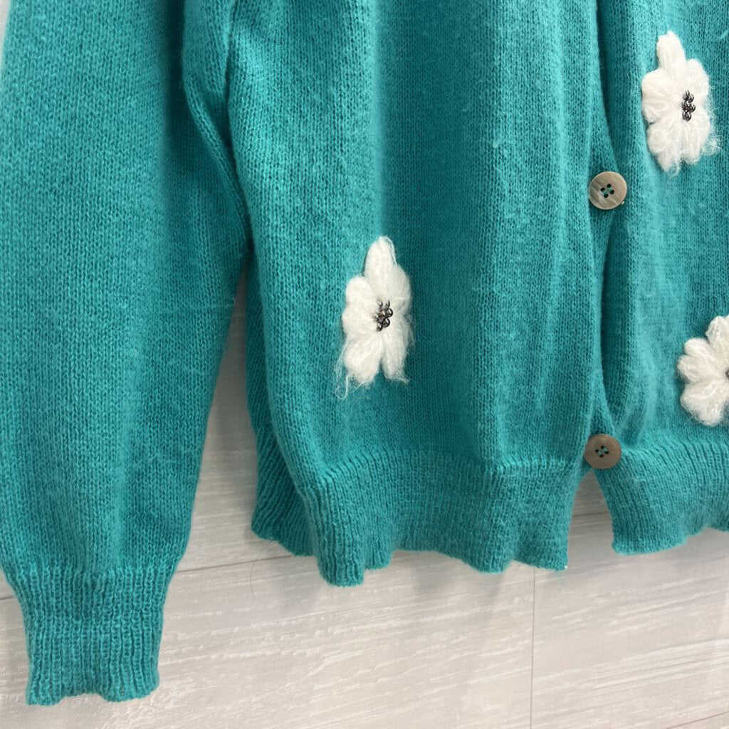 Blue/ White 3D Flower Cardigan Sweater Medium