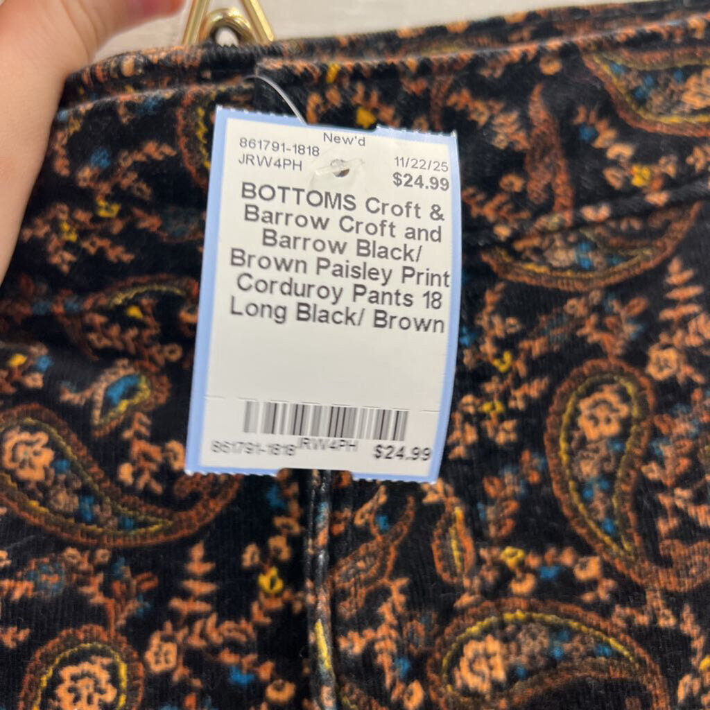 Croft and Barrow Black/ Brown Paisley Print Corduroy Pants 18 Long