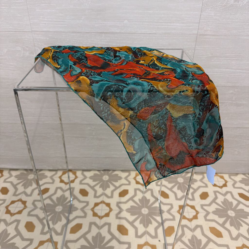 Blue/ Orange Sheer Print Small Scarf