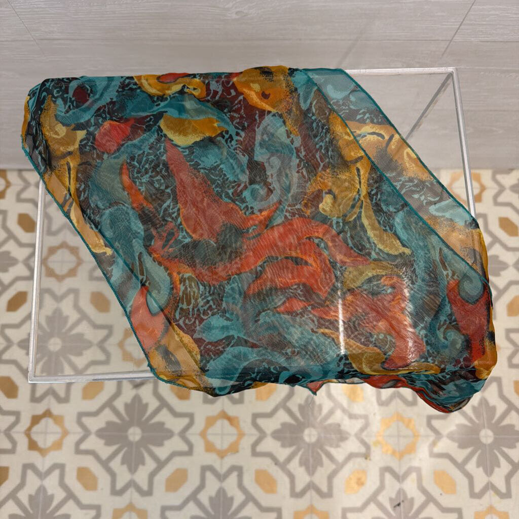 Blue/ Orange Sheer Print Small Scarf