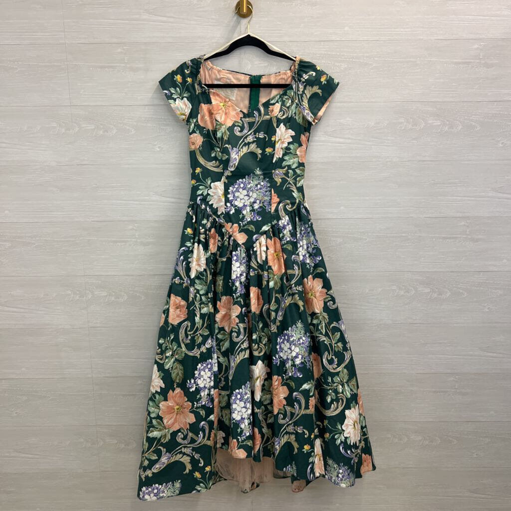 Vintage Lora Lie Green/ Multi Print Short Sleeve Dress 8