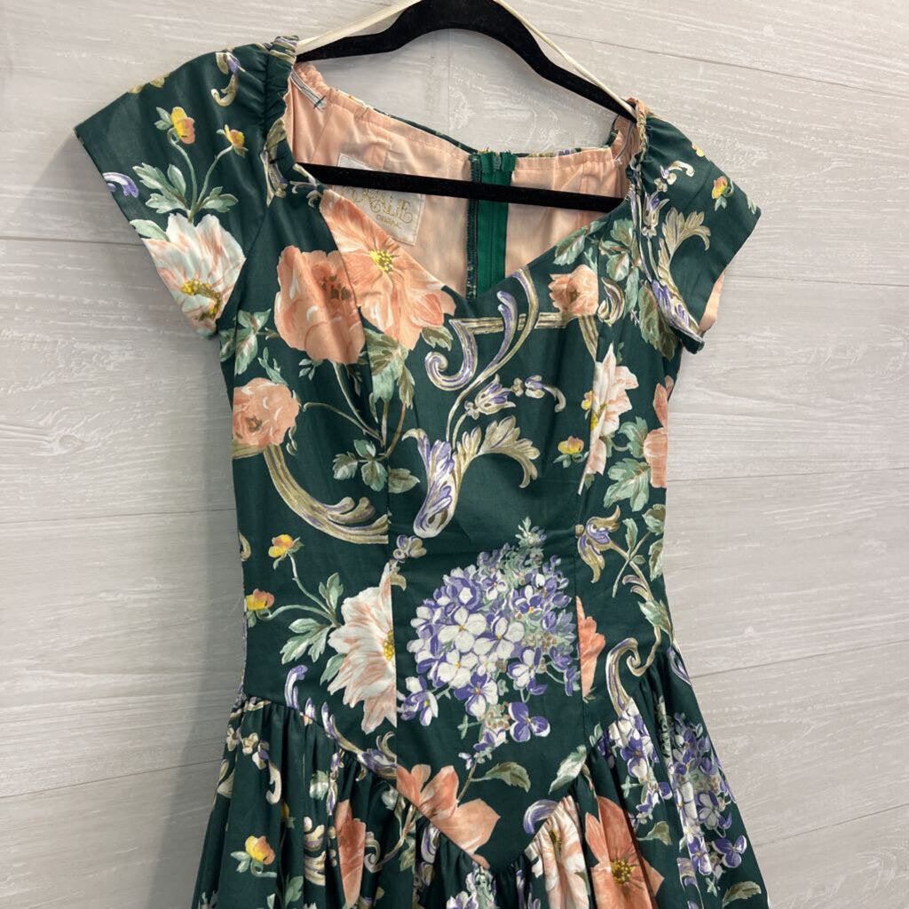 Vintage Lora Lie Green/ Multi Print Short Sleeve Dress 8