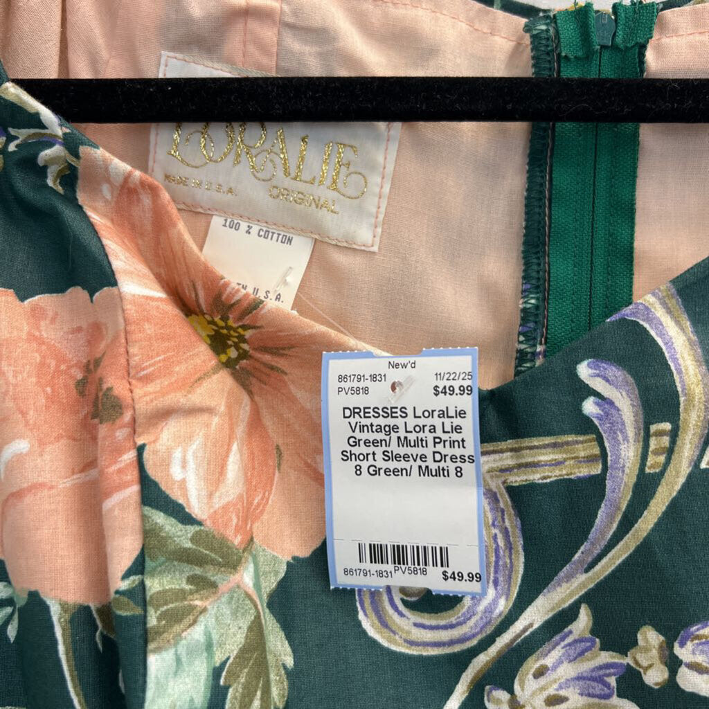 Vintage Lora Lie Green/ Multi Print Short Sleeve Dress 8