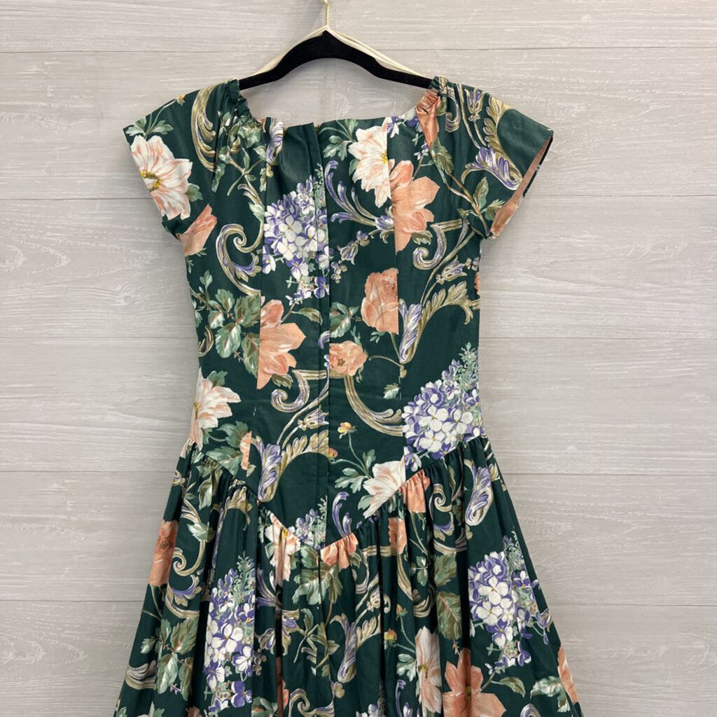 Vintage Lora Lie Green/ Multi Print Short Sleeve Dress 8