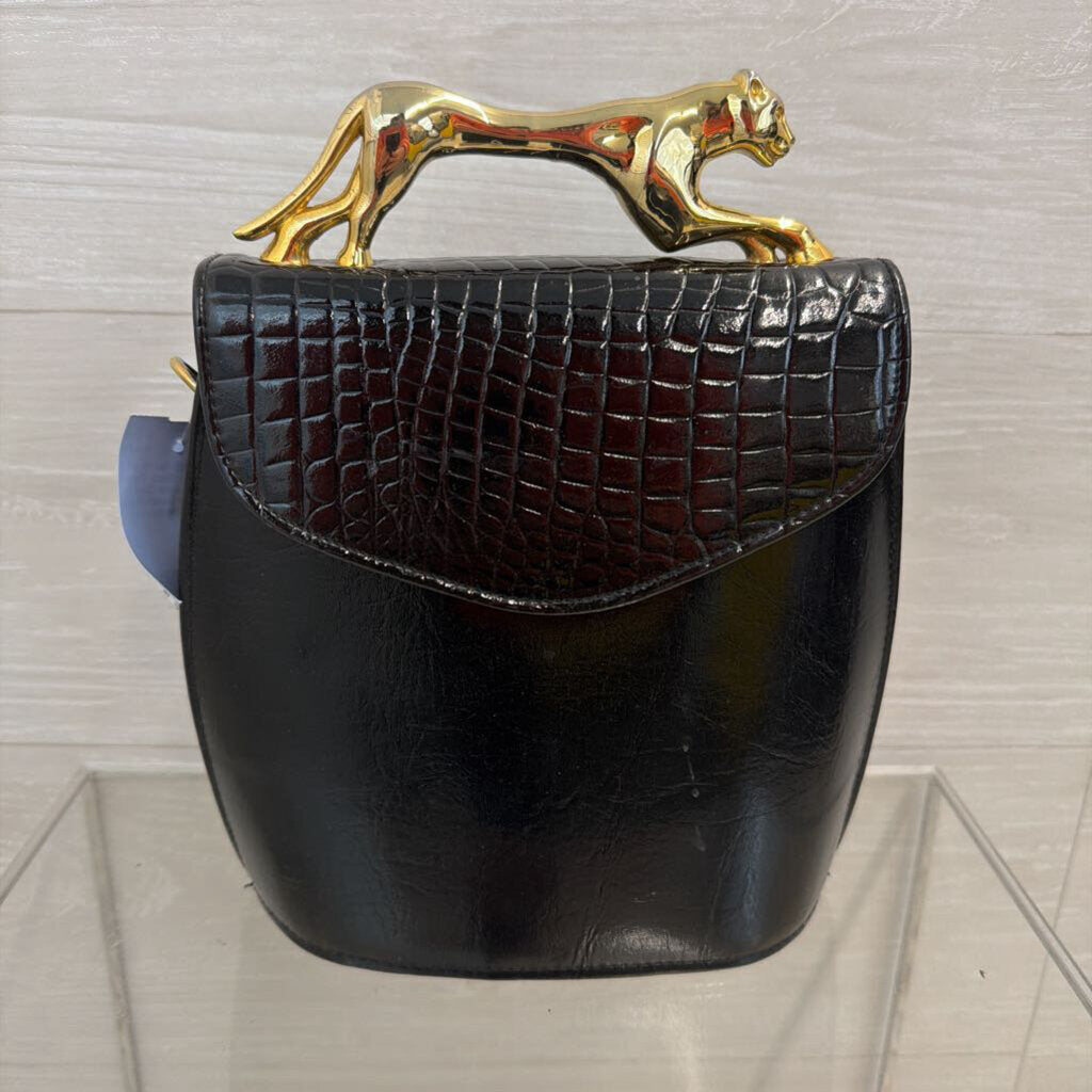 Vintage Black Patent Leather Gold Jaguar Handle Purse