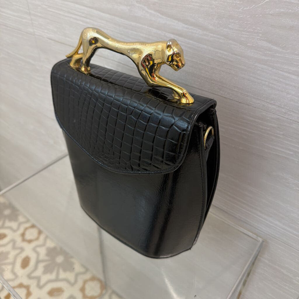 Vintage Black Patent Leather Gold Jaguar Handle Purse