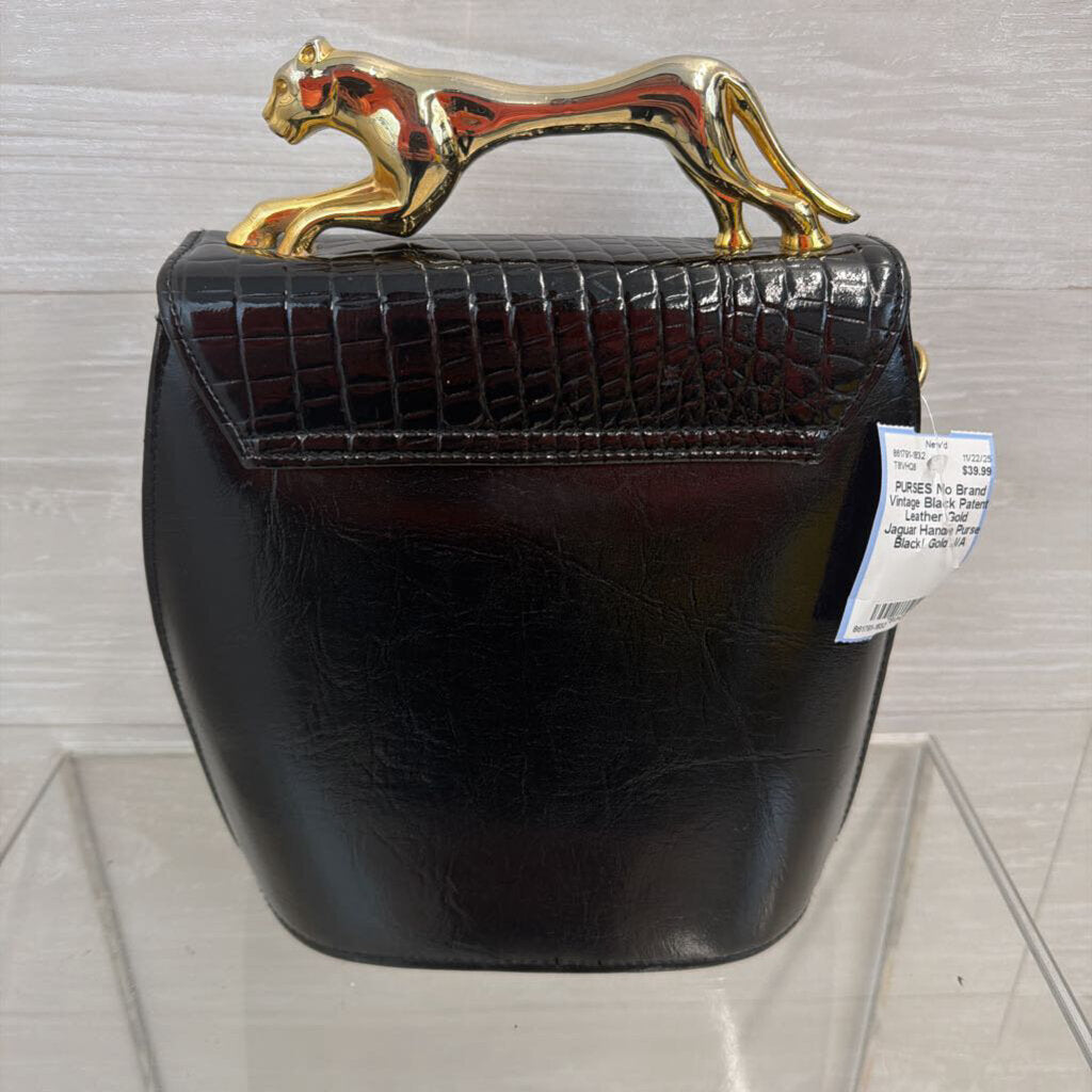 Vintage Black Patent Leather Gold Jaguar Handle Purse