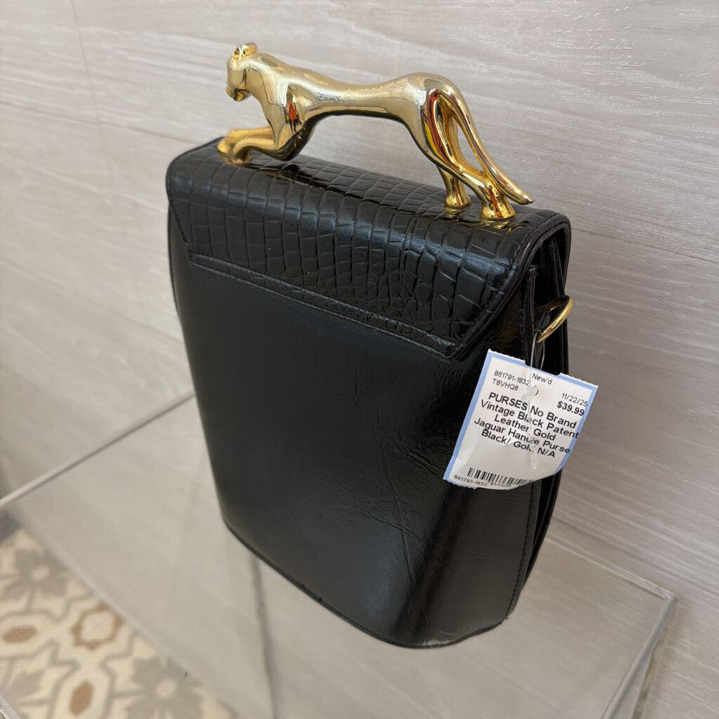 Vintage Black Patent Leather Gold Jaguar Handle Purse