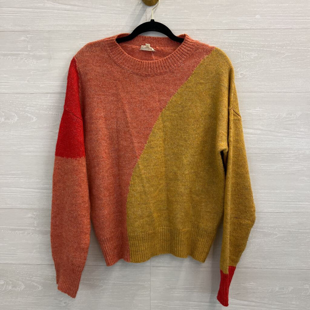 Hem and Thread Orange/ Multi Color Block Print Knit Sweater Small