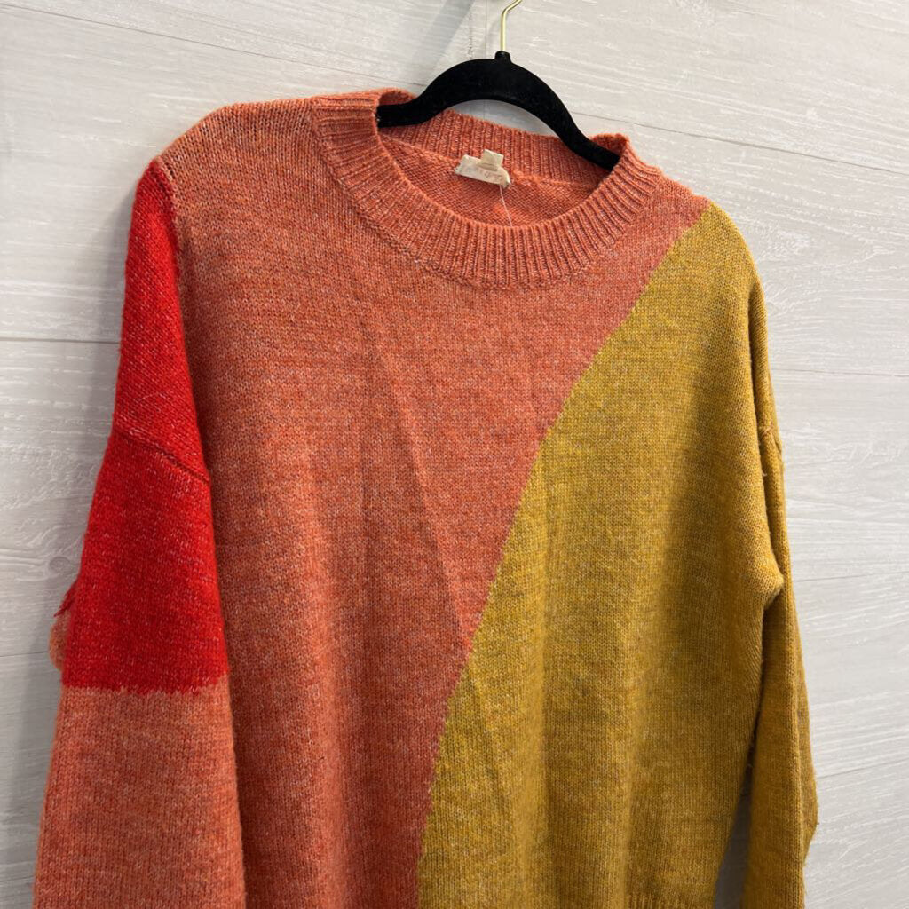 Hem and Thread Orange/ Multi Color Block Print Knit Sweater Small