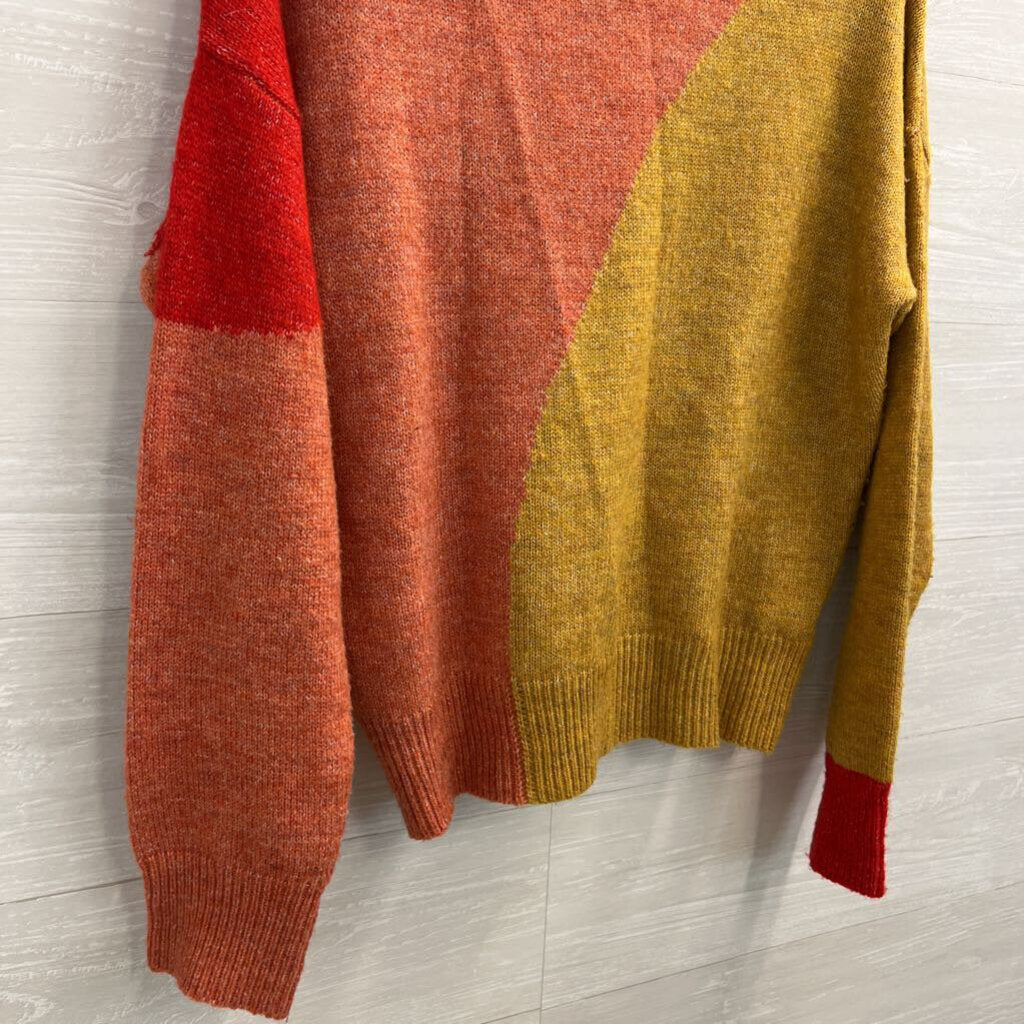 Hem and Thread Orange/ Multi Color Block Print Knit Sweater Small