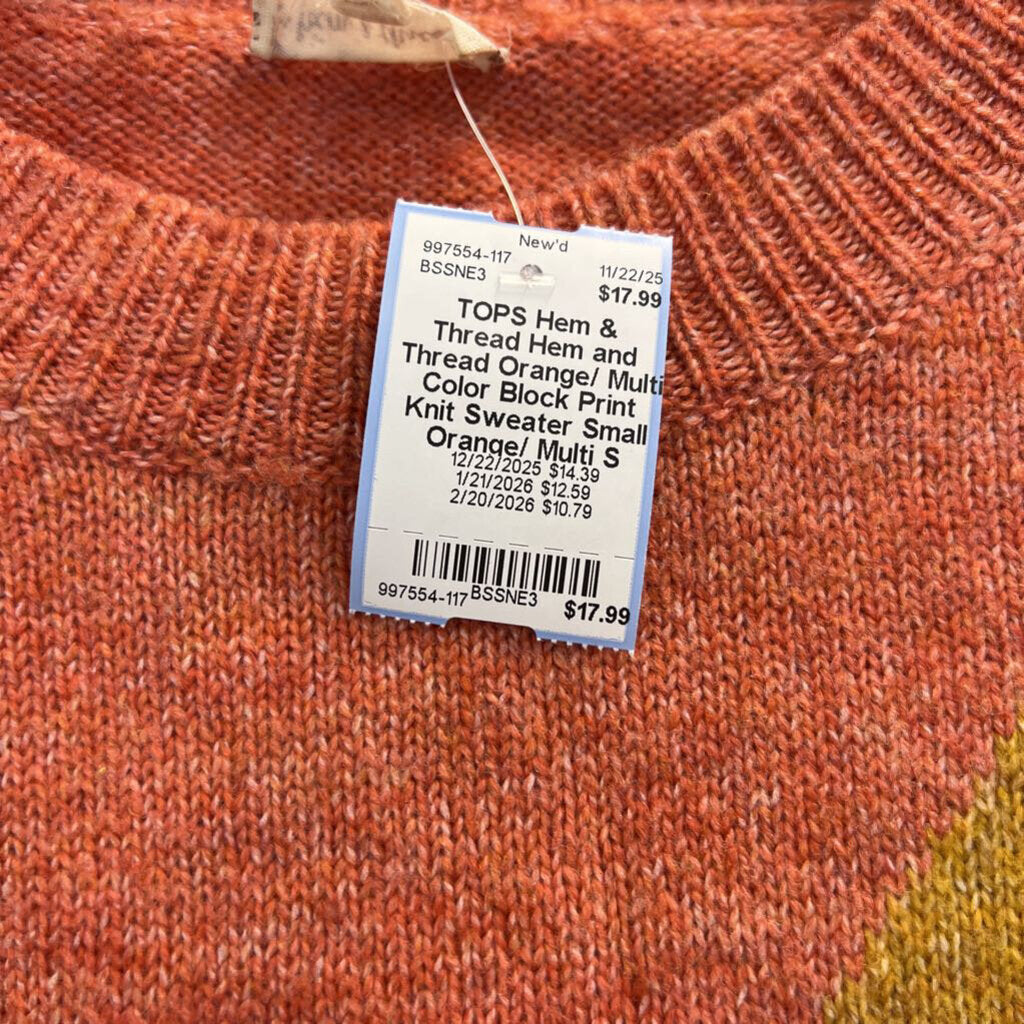 Hem and Thread Orange/ Multi Color Block Print Knit Sweater Small