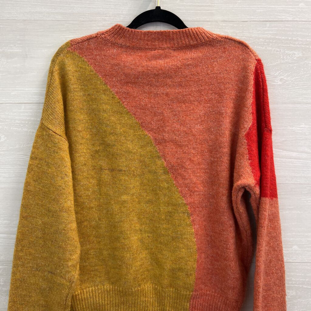 Hem and Thread Orange/ Multi Color Block Print Knit Sweater Small