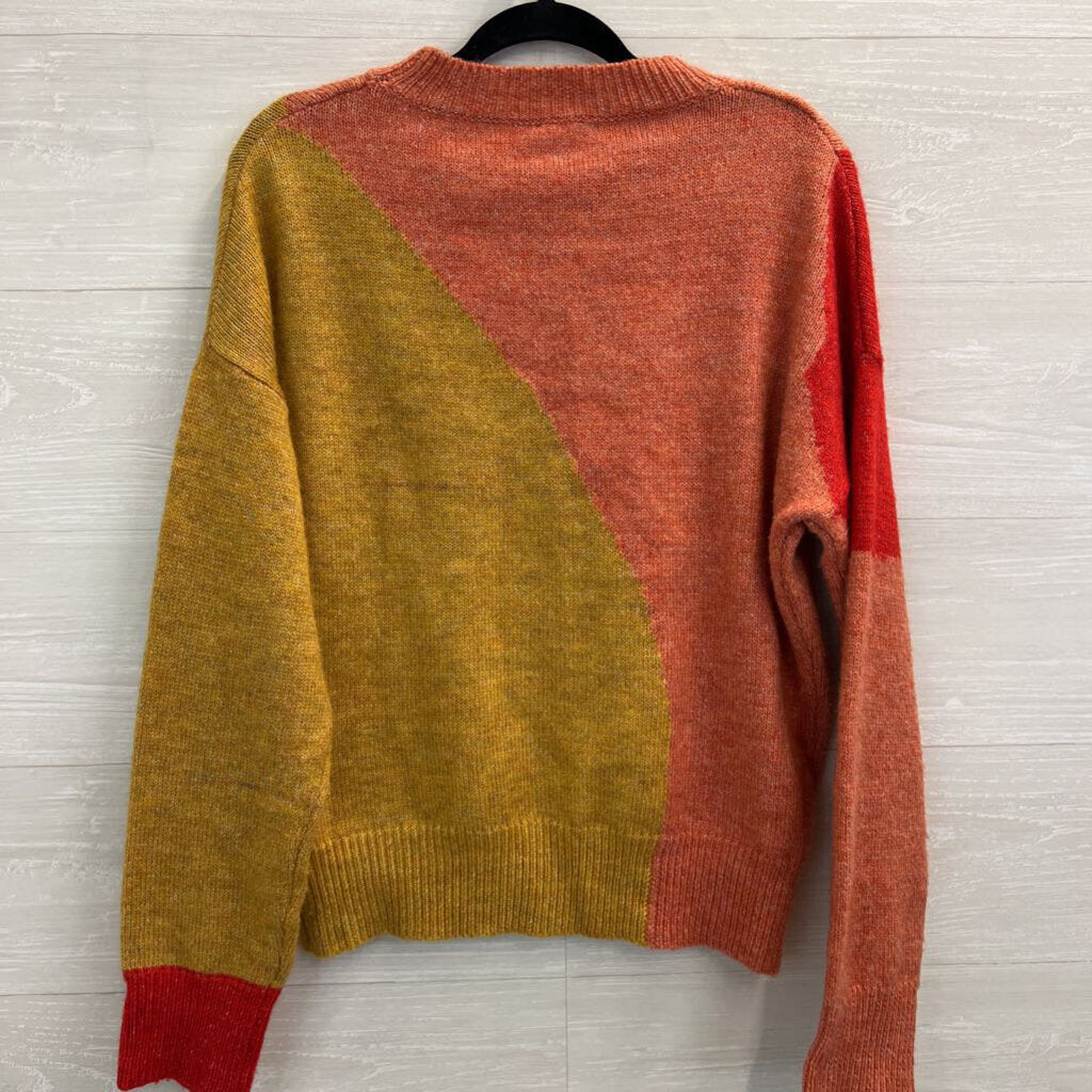 Hem and Thread Orange/ Multi Color Block Print Knit Sweater Small