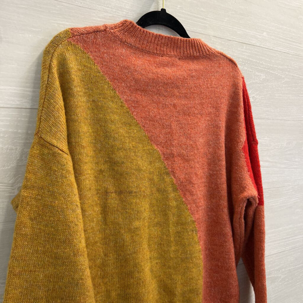 Hem and Thread Orange/ Multi Color Block Print Knit Sweater Small