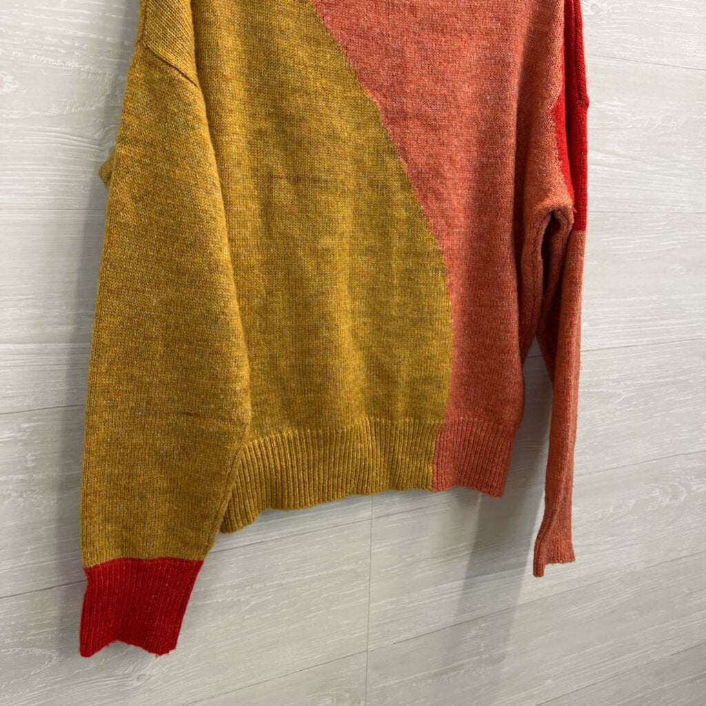 Hem and Thread Orange/ Multi Color Block Print Knit Sweater Small