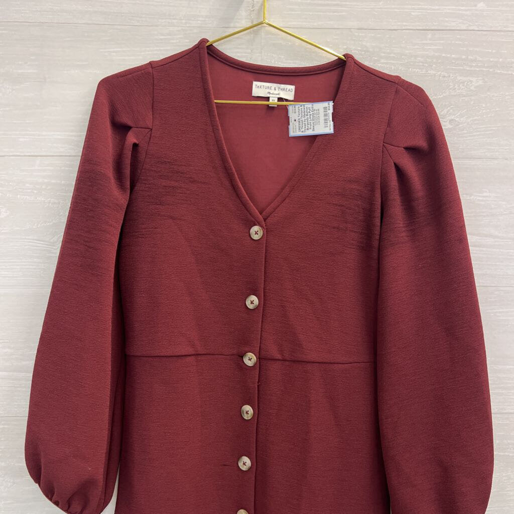 Texture & Thread by Madewell Burgundy Button Front Long Puff Sleeve Dress Extra Small