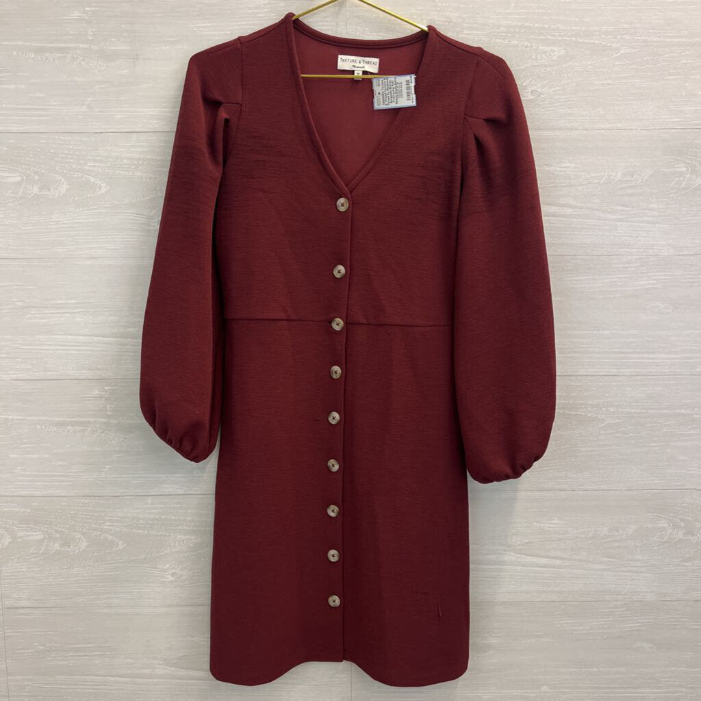 Texture & Thread by Madewell Burgundy Button Front Long Puff Sleeve Dress Extra Small
