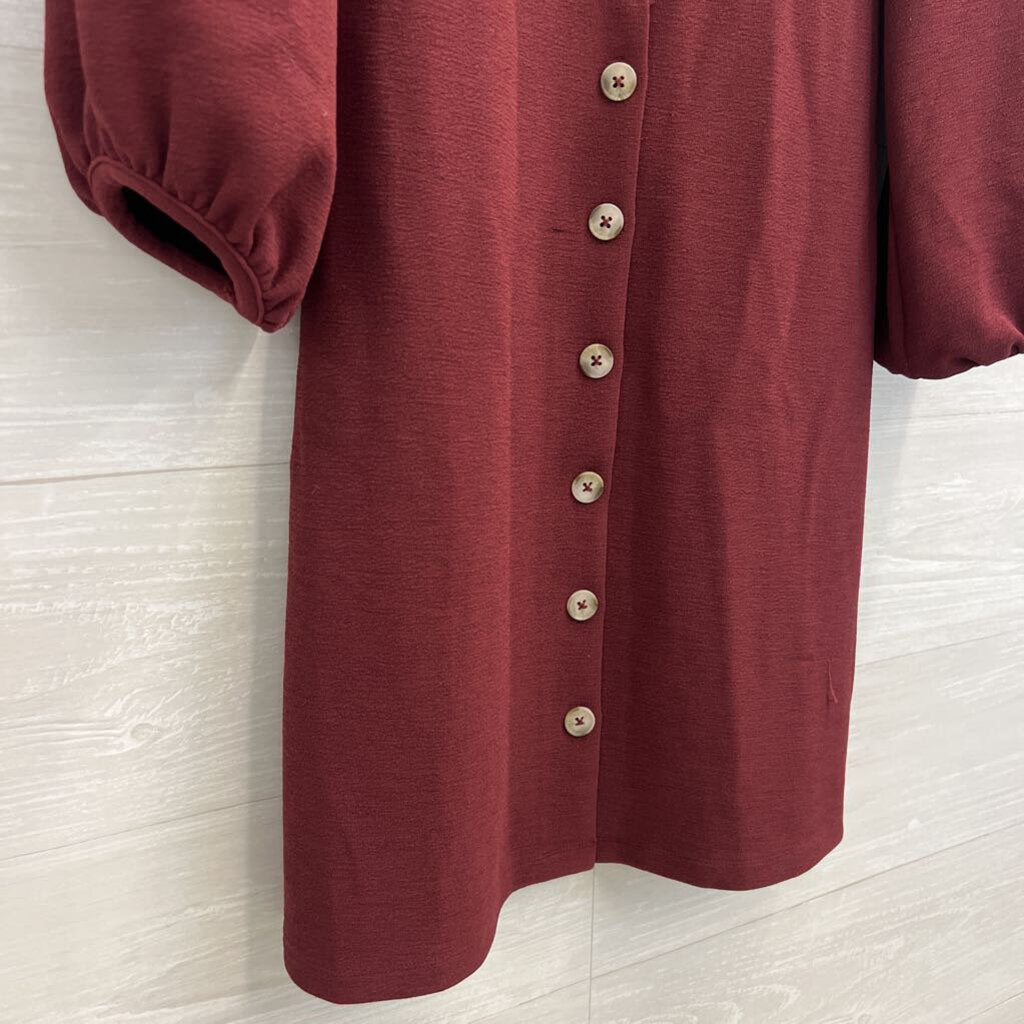 Texture & Thread by Madewell Burgundy Button Front Long Puff Sleeve Dress Extra Small