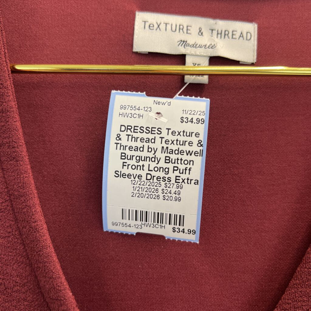 Texture & Thread by Madewell Burgundy Button Front Long Puff Sleeve Dress Extra Small